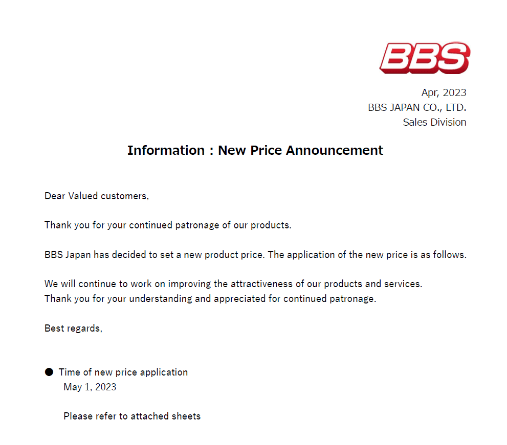 BBS Japan Price Revisions