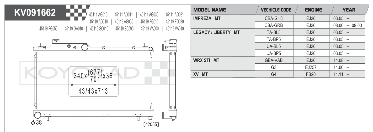 Koyo (Koyorad) Performance Radiator: Subaru Impreza / WRX